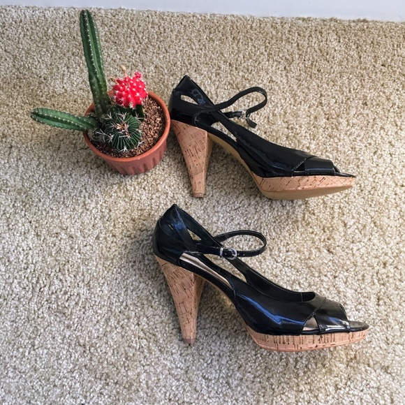 Franco Sarto Black Cork Ankle Strap Heel Sandals - Picture 2 of 8